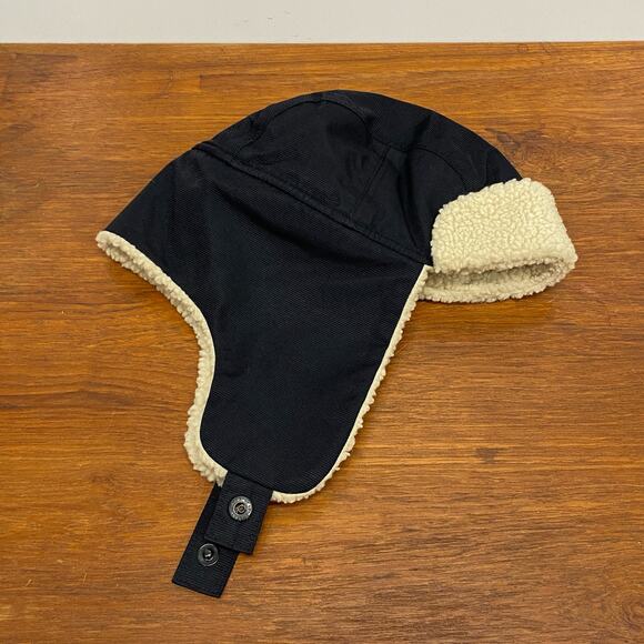 Lands' End Black Nylon Trapper Hat Ear Flaps Fudd Cap Fleece Lining Unisex S / M - Picture 4 of 8